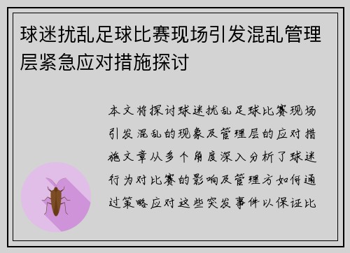 球迷扰乱足球比赛现场引发混乱管理层紧急应对措施探讨
