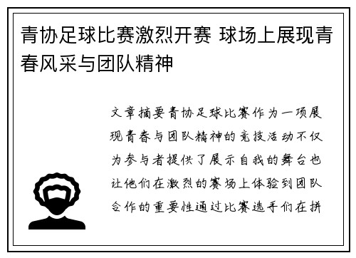 青协足球比赛激烈开赛 球场上展现青春风采与团队精神