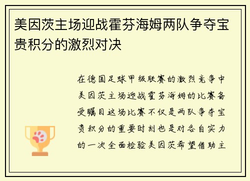 美因茨主场迎战霍芬海姆两队争夺宝贵积分的激烈对决