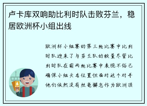卢卡库双响助比利时队击败芬兰，稳居欧洲杯小组出线