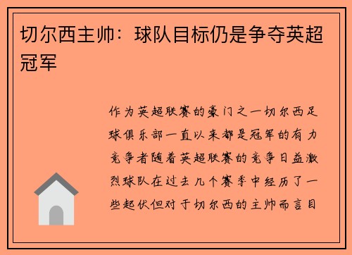切尔西主帅：球队目标仍是争夺英超冠军
