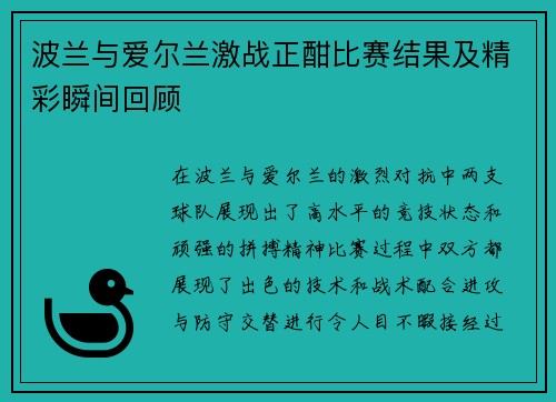 波兰与爱尔兰激战正酣比赛结果及精彩瞬间回顾