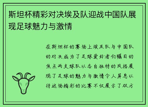 斯坦杯精彩对决埃及队迎战中国队展现足球魅力与激情