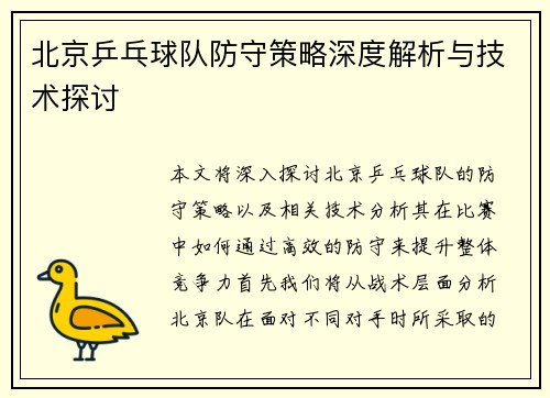 北京乒乓球队防守策略深度解析与技术探讨